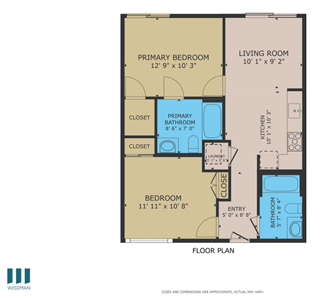 A floor plan of a home with a primary bedroom, living room, and bathrooms.